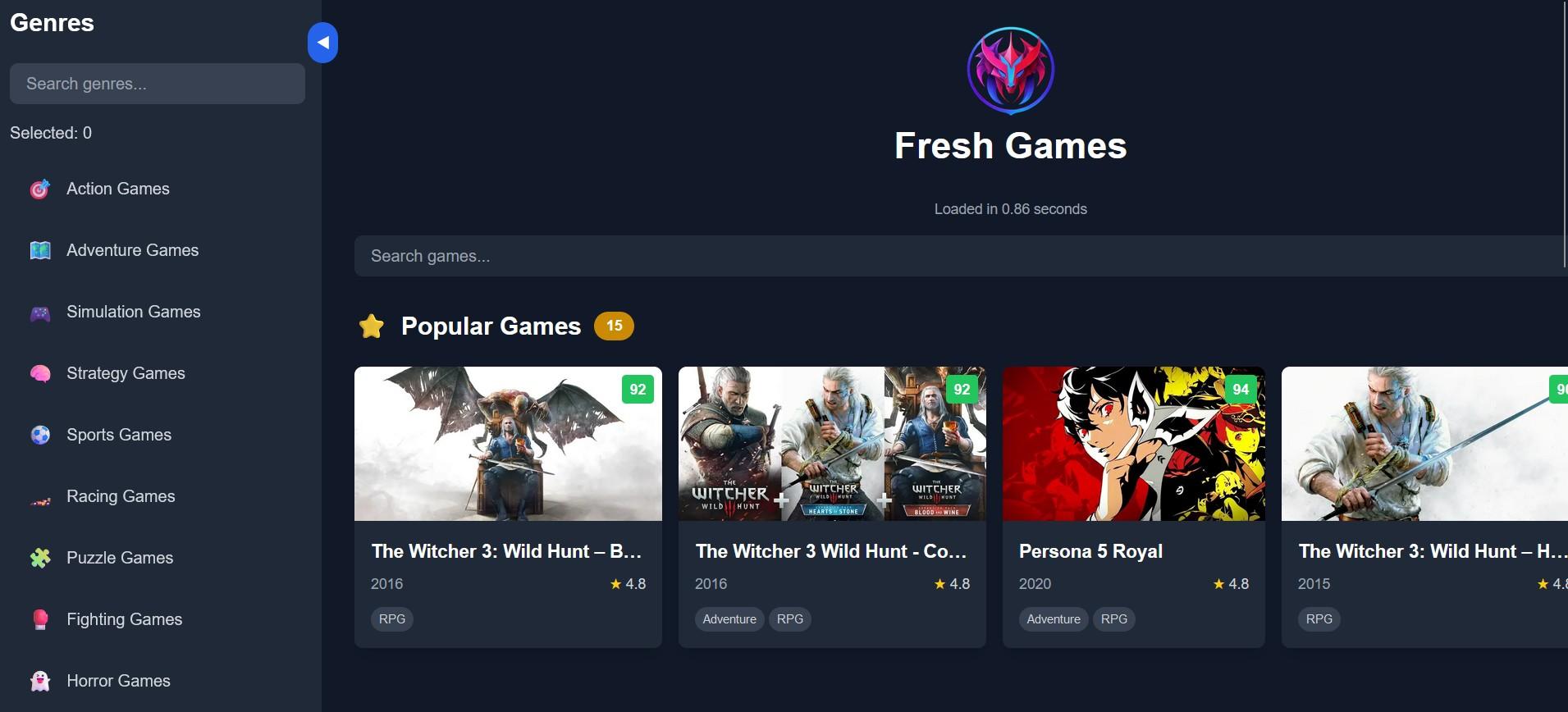 Games Info Inventory interface